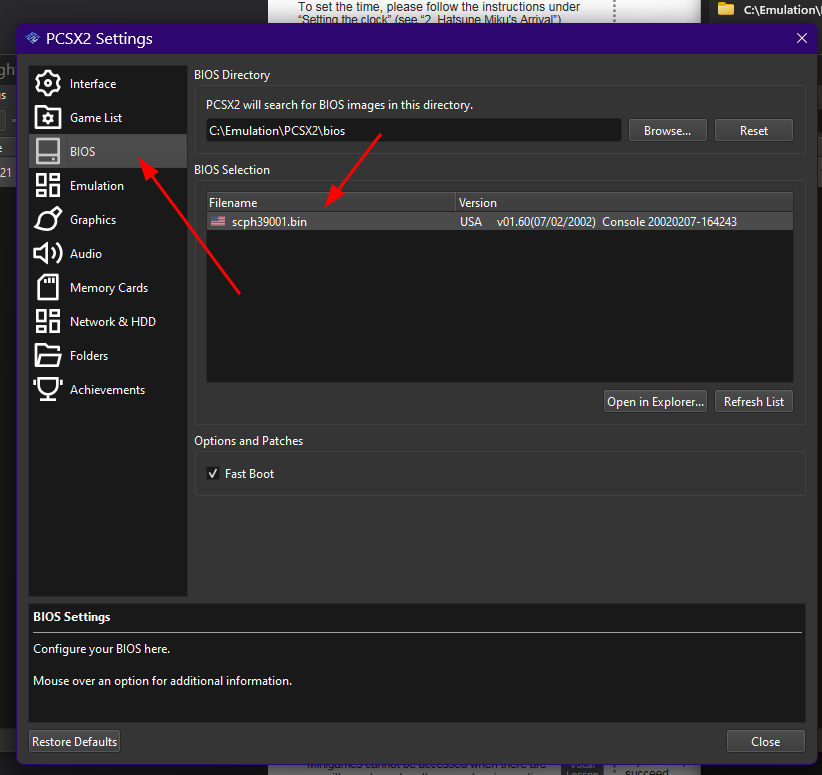 pstobios PCSX2 BIOS directory and BIOS selection settings